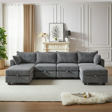 Oversized Modular Sectional Corduroy Sofa 6-Seat with Storage Ottoman, U Shaped Chaise Lounge Sofa Couch with Waist Pillows & Pillows, Sofa Sleeper Upholstered Furniture for Living Room, Dark Gray