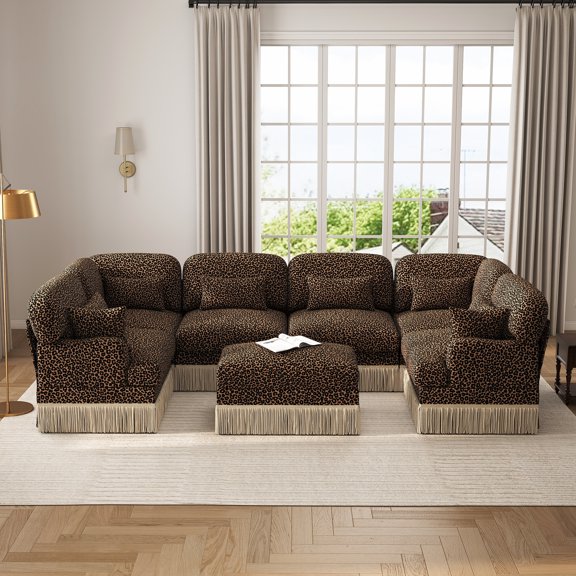 Oversized Modular Sectional Corner Couches with Tassel, 7 Seater Sofa Big Comfy Leopard Chenille U Shaped Couches with 2 Throw Pillows and 6 Lumbar Pillows, Movable Ottoman,Brown black