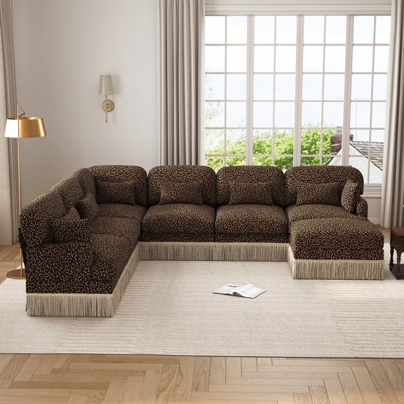 Oversized Modular Sectional Corner Couches with Tassel, 7 Seater Sofa Big Comfy Leopard Chenille V Shaped Couches with 2 Throw Pillows and 6 Lumbar Pillows, Movable Ottoman, Brown black