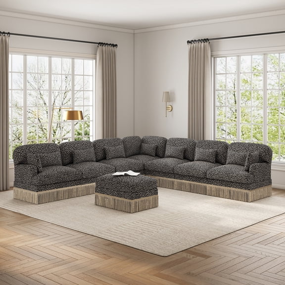 Oversized Modular Sectional Corner Couches with Tassel, 8 Seater Sofa Big Comfy Leopard Chenille V Shaped Couches with 2 Throw Pillows and 7 Lumbar Pillows, Movable Ottoman,Khaki Black