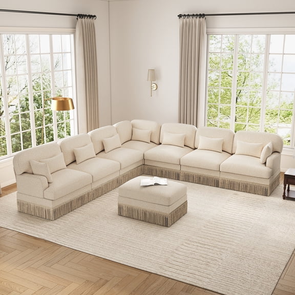 Oversized Modular Sectional Corner Couches with Tassel, 8 Seater Sofa Big Comfy Leopard Chenille V Shaped Couches with 2 Throw Pillows and 7 Lumbar Pillows, Movable Ottoman, Beige Coffee