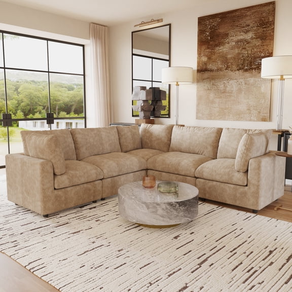 Oversized Modular Sectional Couch,Large 5 Seater Corner Sofa Modern V Shaped Sectional Couch Cloud Couches for Living Room,Office,Spacious Space,Khaki - Chenille