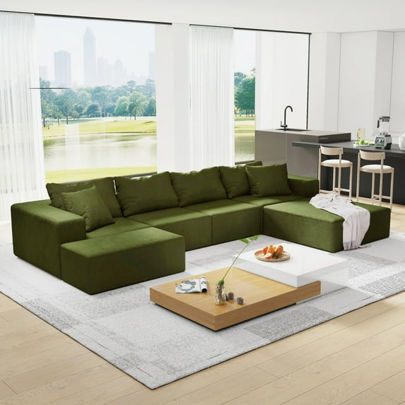 Oversized Modular Sectional Couch with Reversible Chaise, Modern Upholstered Sectional Sofa Couch Set, 132" L Shaped Convertible Sofa Couch with 6 Pillows for Living Room