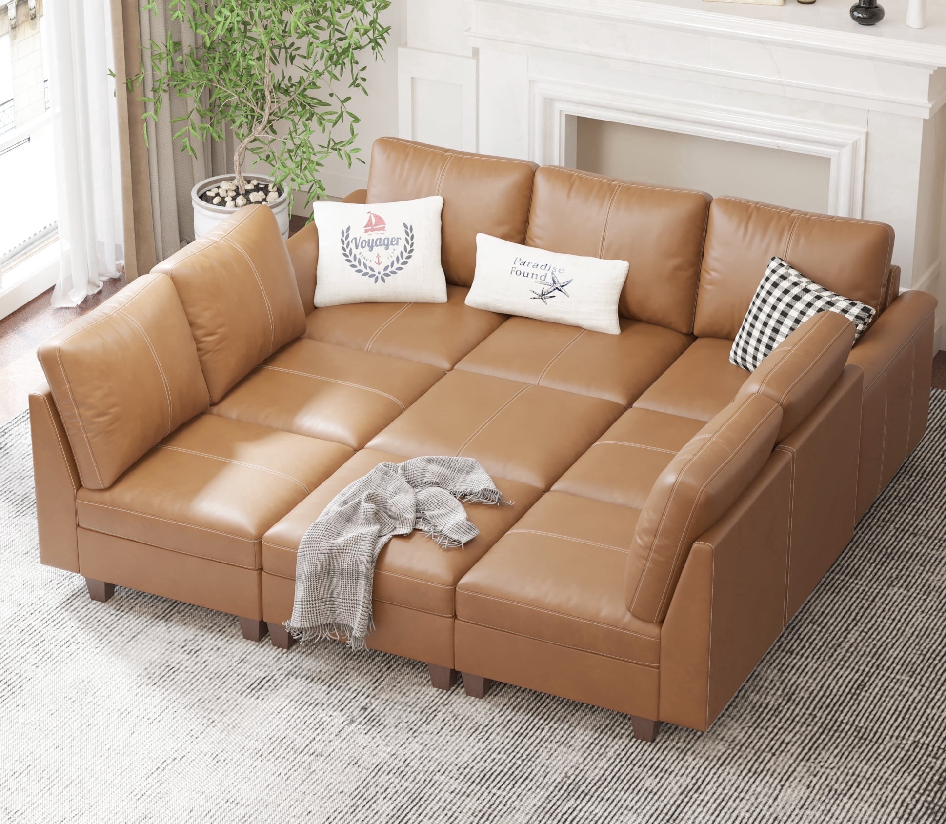 SITJOY 91" Faux Leather Modular Sectional Couches with Storage, Convertible 9 Seat U-Shaped Modular Sleeper Sofa Bed with Ottoman for Living Room, Brown