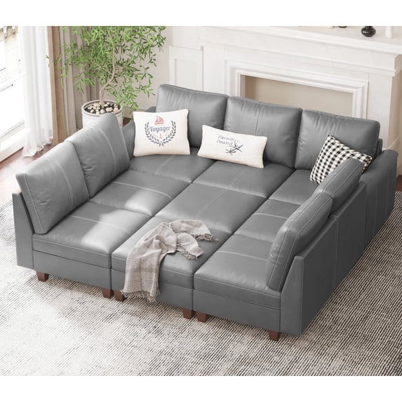Oversized Modular Sectional Sleeper Sofa Bed with Storage & Ottoman, Convertible Faux Leather 9 Seat U Shaped Modular Couches for Living Room, 91inch Width, Brown, Grey