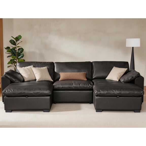 Oversized Modular Sectional Sofa, 120" Faux Leather 5 Seater U Shaped Couch with Movable Ottoman and Storage Seat for Living Room Black