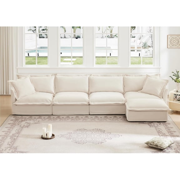 Oversized Modular Sectional Sofa, 156.6" L Shaped Couch with Ottoman, 4 Deep Seat Comfy Cloud Couch with 2 Pillows & Washable Covers, Modern Chenille Sofa Couches for Living Room, Beige
