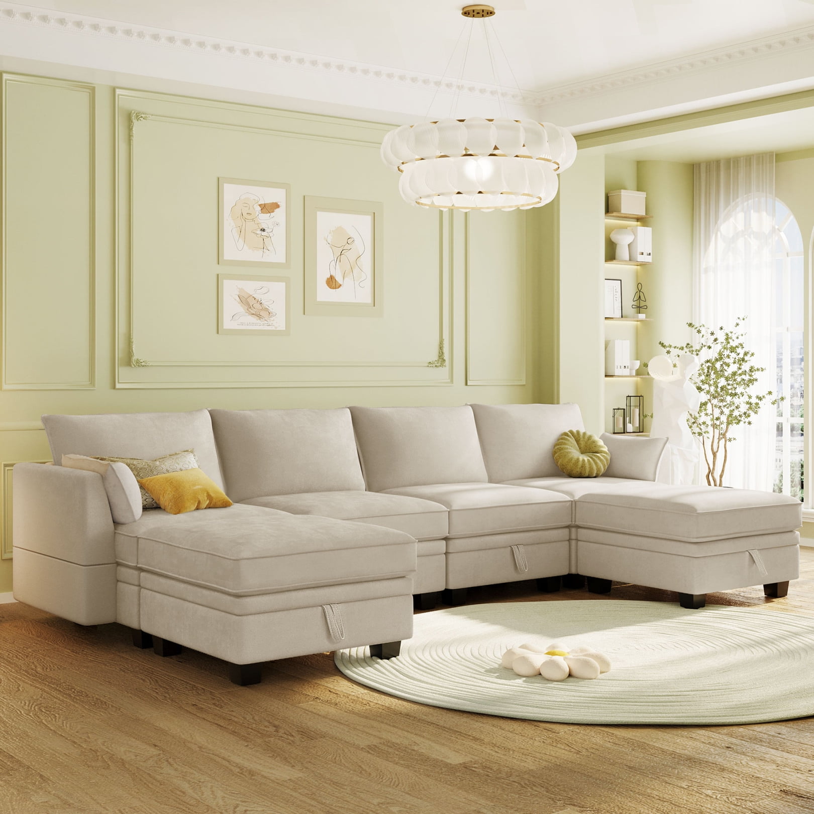 Oversized Modular Sectional Sofa with 2 Pillows, Convertible Sofa Bed with Storage Seat