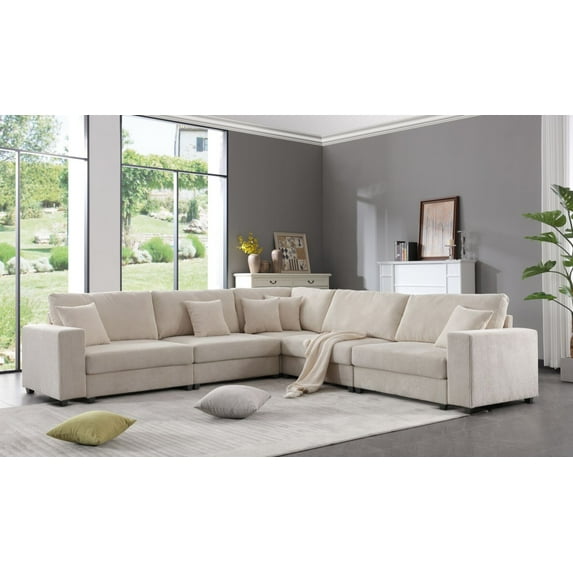 Oversized Modular Sectional Sofa , 5-seater Corduroy Upholstered Deep Seat Sofa with Pillow & Cushion Back for Living Room Apartment, Easy to Assemble, Beige