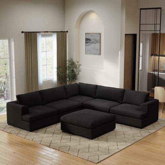 Oversized Modular Sectional Sofa Couch,Large 6 Seater Corner Sofa Modern V Shaped Sectional Couch with Ottoman,Cloud Couches for Living Room,Office,Black
