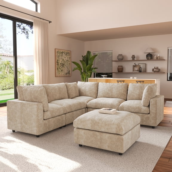 Oversized Modular Sectional Sofa Couch,Large 6 Seater Corner Sofa Modern V Shaped Sectional Couch with Ottoman Cloud Couches for Living Room,Office,Spacious Space,Khaki - Chenille