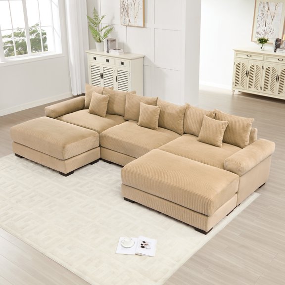 Oversized Modular Sectional Sofa with Ergonomic Design, 3-Seater Deep Seat & Wide Armrests, Premium Corduroy Fabric, Easy Assembly, Movable Ottoman Included, Camel