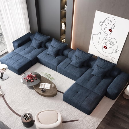Oversized Modular Sectional Sofa, Modern Boneless Couches with Ottomans, 8 Piece DIY Combination U-Shaped Chenille Tufted Sofa Set with 8 Pillows, Comfy Deep Seat No Assembly Living Room Furniture