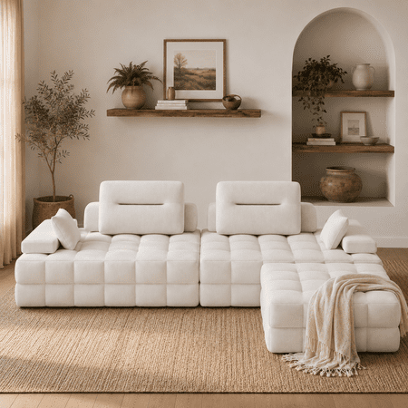 132" L-Shaped Modular Sectional Sofa, Oversized Cloud Boneless Sofa for Living Room, White