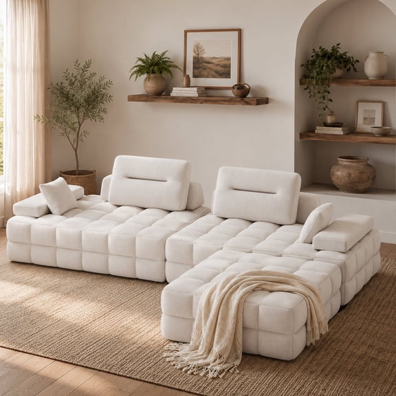 132" L-Shaped Modular Sectional Sofa, Oversized Cloud Boneless Sofa for Living Room, White
