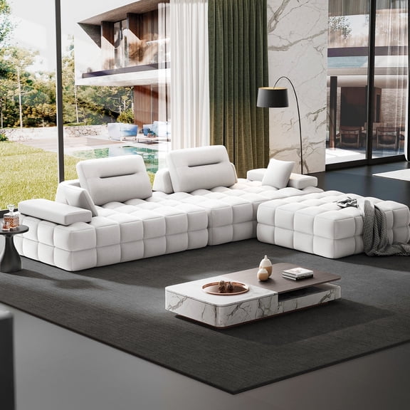 132" L-Shaped Modular Sectional Sofa, Oversized Cloud Boneless Sofa for Living Room, White