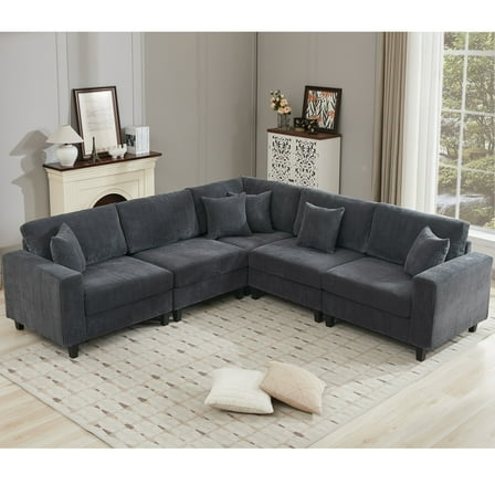 Oversized Modular Sectional Sofa Set, L Shaped Couch,Corduroy, Upholstered, Deep Seat, 5 Seat, 5 Throw Pillow and 6 Back Cushion, Living Room, Apartment (Gray)