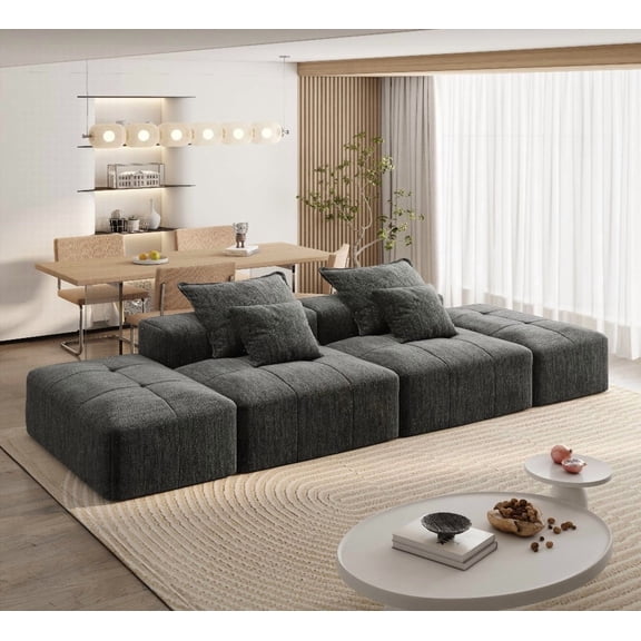 Modern Simple Fabric Sectional Sofa 142L×43W×26H with 2 Ottoman and 4 Pillows