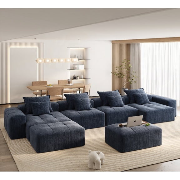 Modern Blue Oversized Modular Chenille Fabric Sofa for Living Room
