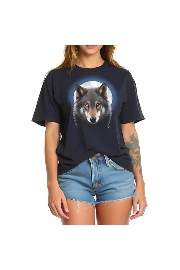 Oversized Navy Blue T-Shirt with Realistic Grey Wolf Head and Bluish Full Moon Design