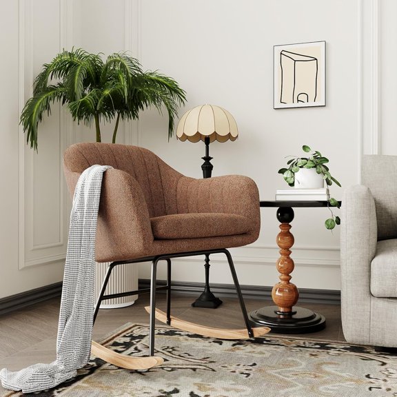 Oversized Nursery Rocking Chair with Cushion Upholstered Chenille Glider Rocker Chair Modern Armchair With Wood Legs, Indoor Comfy Nursing Chairs Holds Up to 350 LBS for Living Room, Bedroom, Brown