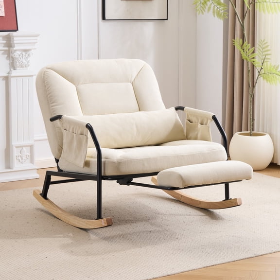 Oversized Nursery Rocking Chair with Pull-Out Footrest, 100°-160° Adjustable Backrest, Corduroy Glider Recliner with Lumbar Pillow & Side Pocket, Beige