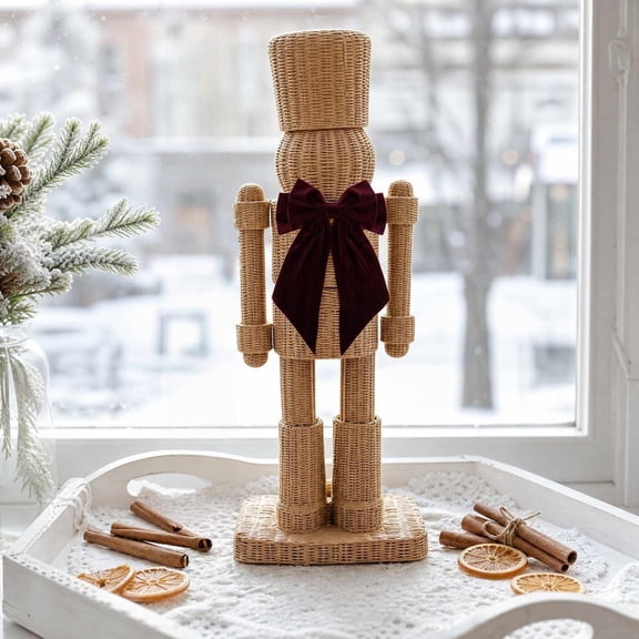 Oversized Nutcracker,12" Nutcracker Figurine,Christmas Wicker Texture Oversize Nutcracker Figurine,Resin Soldier Statue with Red Bow,Tabletop Holiday Decor