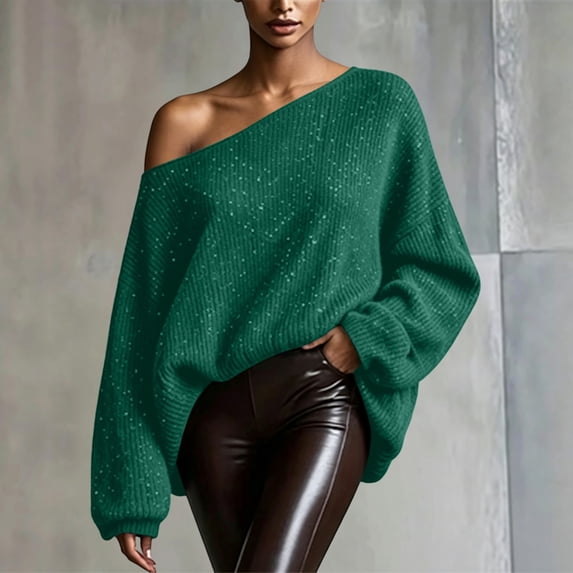Oversized Off Shoulder Sequin Knit Sweater for Women Loose Long Sleeve Ribbed Pullover