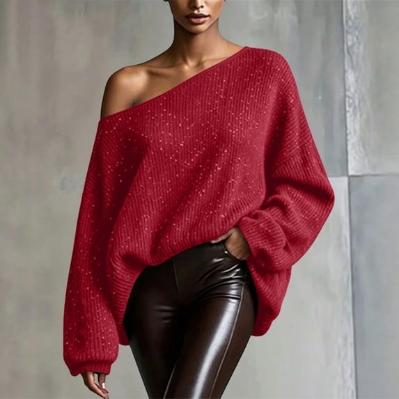 Oversized Off Shoulder Sequin Knit Sweater for Women Loose Long Sleeve Ribbed Pullover