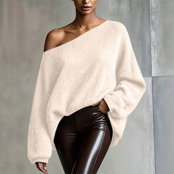 Oversized Off Shoulder Sequin Knit Sweater for Women Loose Long Sleeve Ribbed Pullover