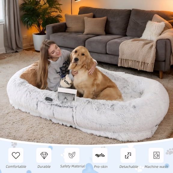 Oversized Orthopedic Human Size Dog Bed, Washable Plush Faux Fur Shared Sleeping Sofa Bed for Human & Pet, Gray