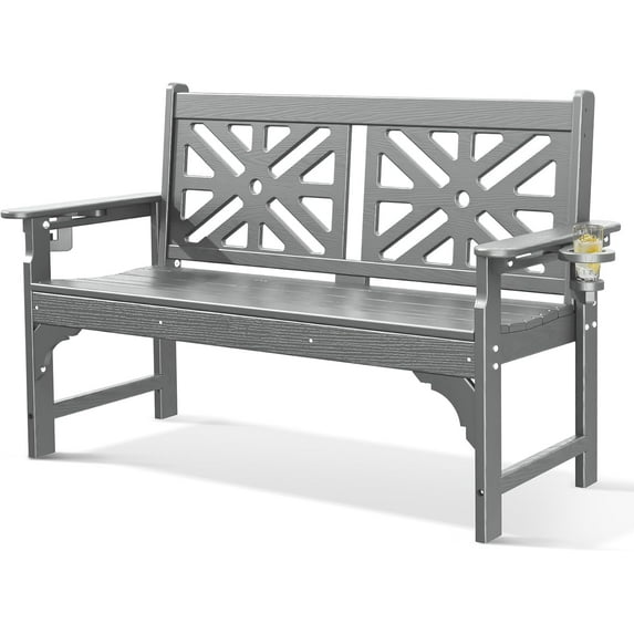 Oversized Outdoor Bench with Cup Holders, 51.5” HDPE Aesthetic Garden Bench for 2 Person, Memorial Benches - Easy Assembly & All Weather, for Porch & Patio, 800lbs Load Capacity (Grey, 1pc)