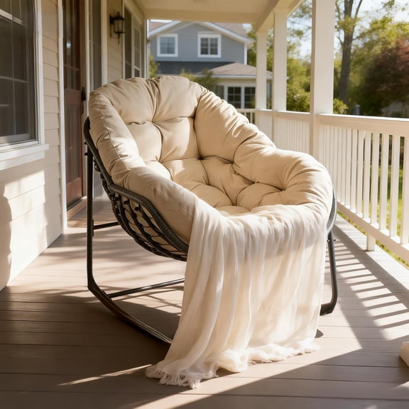 Oversized Outdoor Papasan Rocking Chair with Soft Cushion, Comfy Patio Egg Chair, Wicker Lounge Rocker for Balcony/Porch/Garden, Reinforced All Weather Rattan Frame, 330 lbs Support, Beige