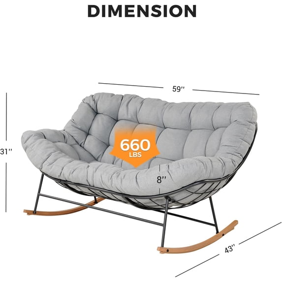 Oversized Outdoor Papasan Rocking Chair for Two with E-Coated Steel Frame and Thick Cushion, Comfy Loveseat Rocker for Patio Porch Deck, Grey