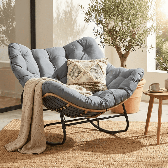 Oversized Outdoor Rocking Chair with 6" Cushion, Patio Papasan Rocking Lounge, Lounge Seating Furniture Chair for Bedroom, Living Room, Porch, Garden, Lawn,Balcony,Grey