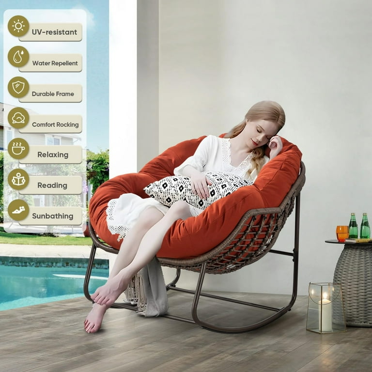 Oversized Outdoor Rocking Chair Patio Rattan Egg Rocking Chair Indoor Outside Padded Cushion Rocker Recliner Chair Modern Lounge Chair for Front Porch Garden Backyard Balcony Orange Walmart