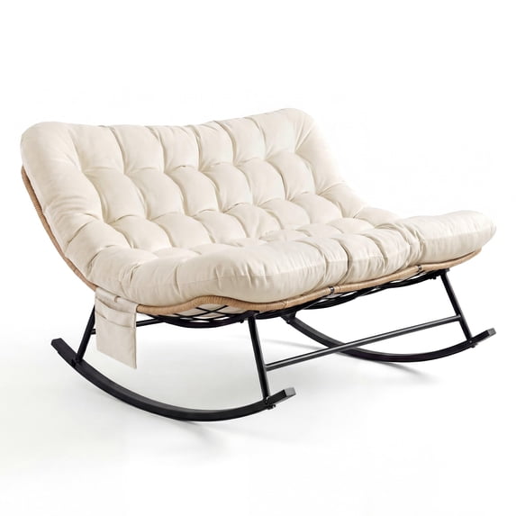 Oversized Outdoor Rocking Chair with Thick Cushion, Wicker Papasan Rocking Chair for Patio Garden, Heavy Duty Metal Frame 450 lbs Capacity, Reading Lounge Chair for Indoor Outdoor