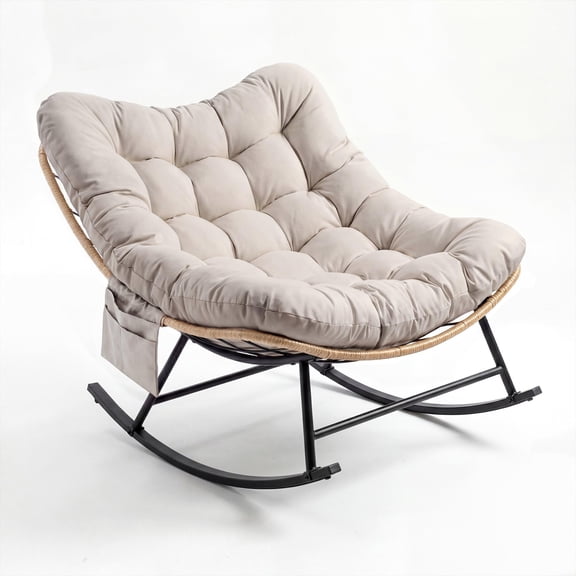 Oversized Outdoor Rocking Chair with Thick Cushion, Wicker Papasan Rocking Chair for Patio Garden, Heavy Duty Metal Frame 450 lbs Capacity, Reading Lounge Chair for Indoor Outdoor