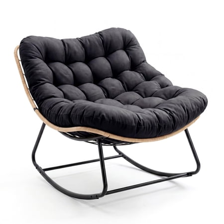 Oversized Outdoor Rocking Chair with Thick Cushion, Wicker Papasan Rocking Chair for Patio Garden, Heavy Duty Metal Frame 450 lbs Capacity, Reading Lounge Chair for Indoor Outdoor