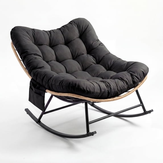 Oversized Outdoor Rocking Chair with Thick Cushion, Wicker Papasan Rocking Chair for Patio Garden, Heavy Duty Metal Frame 450 lbs Capacity, Reading Lounge Chair for Indoor Outdoor