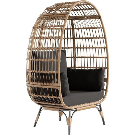 Oversized Outdoor Wicker Egg Chair with Stand, 350 Lb Capacity, Thick Cushions & Weather-Resistant Design for Patio, Balcony, Backyard, or Living Room