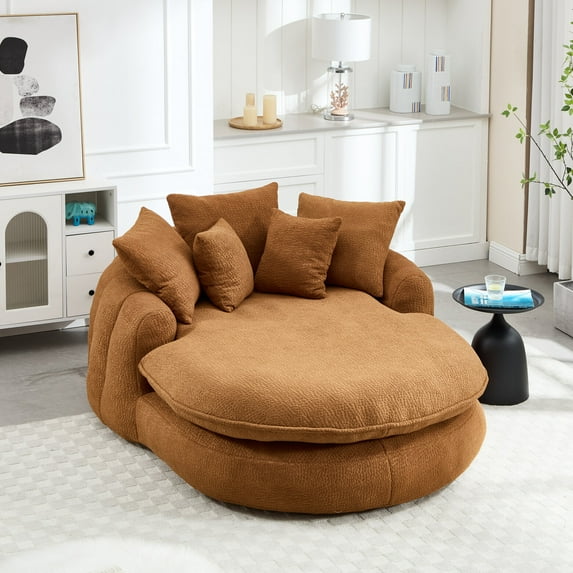 Oversized Oval Upholstered Bean Bag Sofa, Chaise Lounge Chair Indoor with 5 Pillows, Chenille Lazy Floor Bean Bag Sofa with Wrap Around Backrest for Adults, 59.85'' Deep Seat, Orange