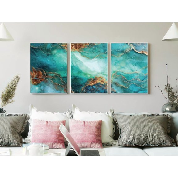 Oversized Oxidized Copper Prints Set Of 3, Teal Rust Luxury Wall Art