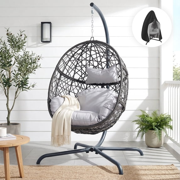 RADIATA Hanging Egg Chair with Stand and Waterproof Cover, Outdoor Indoor Wicker Rattan Swing Chair, 350lbs Capacity Hammock Nest Seat with Cushions, All-Weather Patio Porch Chair, Light Gray