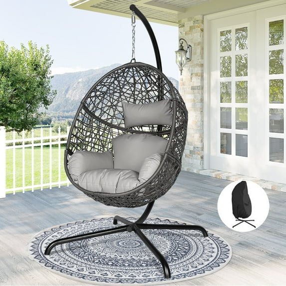 RADIATA Hanging Egg Chair with Stand and Waterproof Cover, Outdoor Indoor Wicker Rattan Swing Chair, 450lbs Capacity Hammock Nest Seat with Cushions, All-Weather Patio Porch Chair, Light Gray