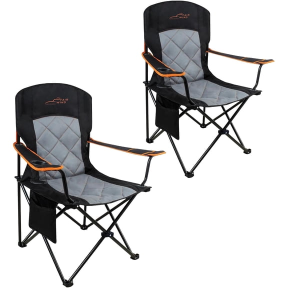 Oversized Padded Camping Chair 2 Pack 350 lb Capacity, Fully Padded Black Lawn Quad Chair with Cup Holder and Side Pocket, Foldable Outdoor Chair for Beach, Tailgating, and Camping