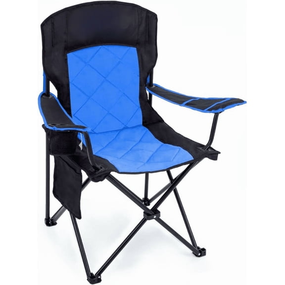 Oversized Padded Camping Chair, 350 LB Capacity, Quad Fold, with Arms, Lumbar Support, Cup Holder, 600D Polyester, Steel Frame, Blue
