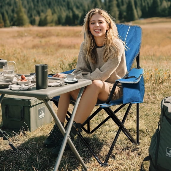 Oversized Padded Camping Chair, Heavy-Duty Steel Frame for 450 lbs Supports, Convenient 6-Can Cooler, Portable Carry Bag, Perfect for Outdoor, Beach, and Hiking (Blue & Gray)
