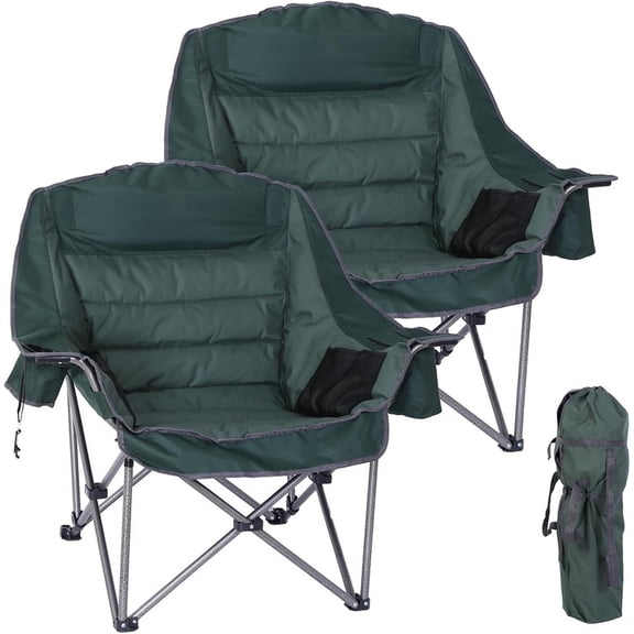 Oversized Padded Camping Chair with Cooler Bag, Cup Holder & Side Pocket, Portable Folding Lawn Chair for Outdoor Adventures (2-Pack)