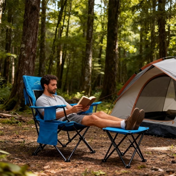 Oversized Padded Camping Chair with Footrest Stool Heavy Duty Cooler Bag Chair for Fishing, Tailgating, Sports Games, Backyard - Support 300 LBS Blue